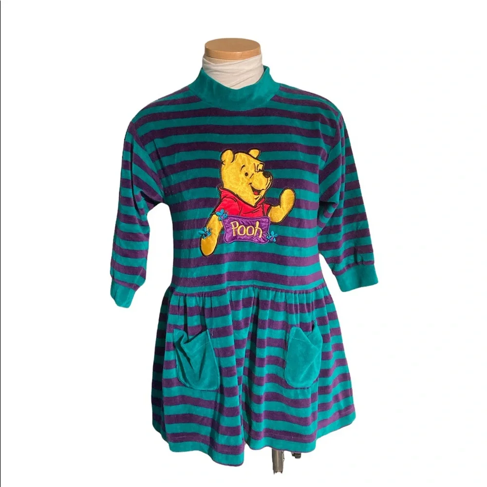 Vintage The Disney Store Winnie The Pooh Striped Purple Green Dress Girls 6X - Picture 1 of 6